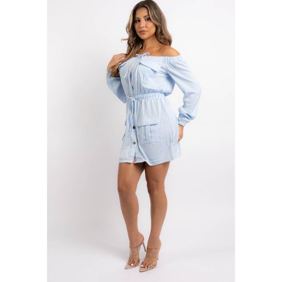Women's Off Shoulder Cargo Mini Dress Tie Waist Buttons Long Sleeve Blue XS - 3X - Picture 3 of 11